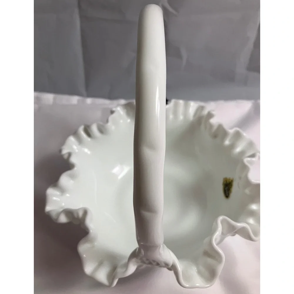 Authentic Mint Condition Vintage Fenton Milk Glass Hobnail Ruffled Basket w/Tags